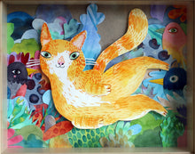 Load image into Gallery viewer, Happy fluffy ginger cat - a watercolour paper collage original artwork