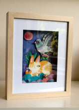 Load image into Gallery viewer, Cat and pigeon - a watercolour paper collage original artwork