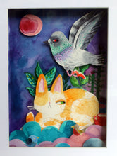 Load image into Gallery viewer, Cat and pigeon - a watercolour paper collage original artwork