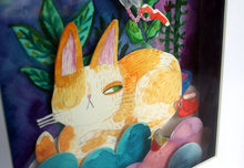 Load image into Gallery viewer, Cat and pigeon - a watercolour paper collage original artwork