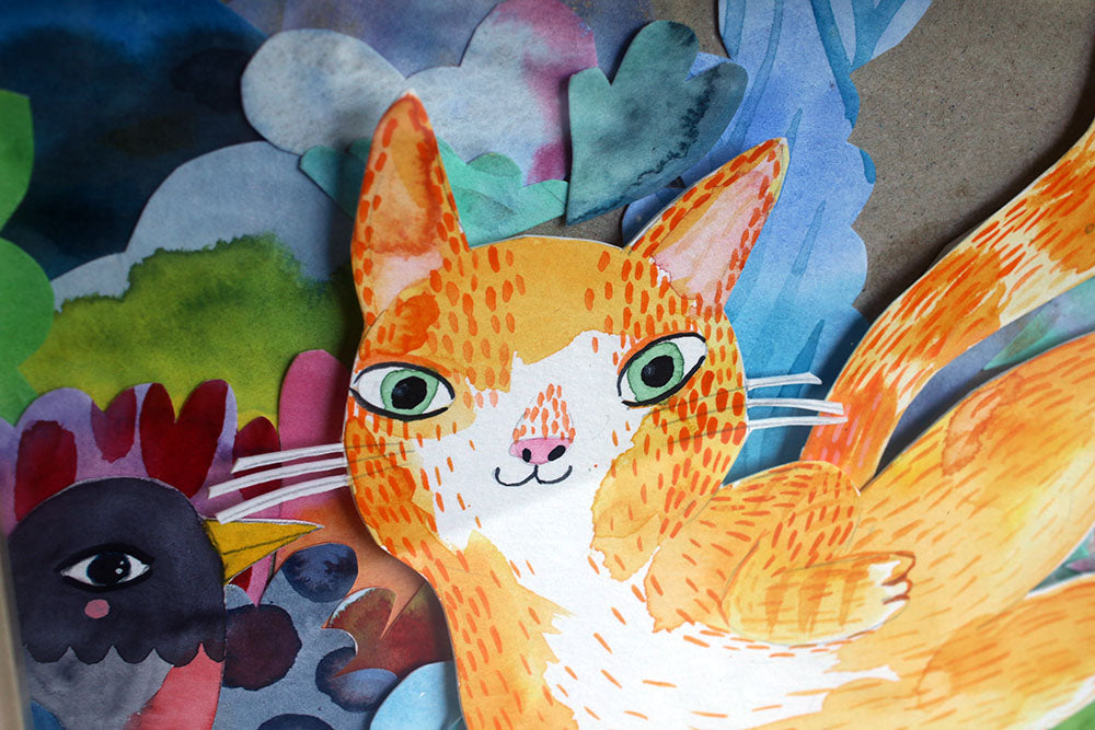 Happy fluffy ginger cat - a watercolour paper collage original artwork
